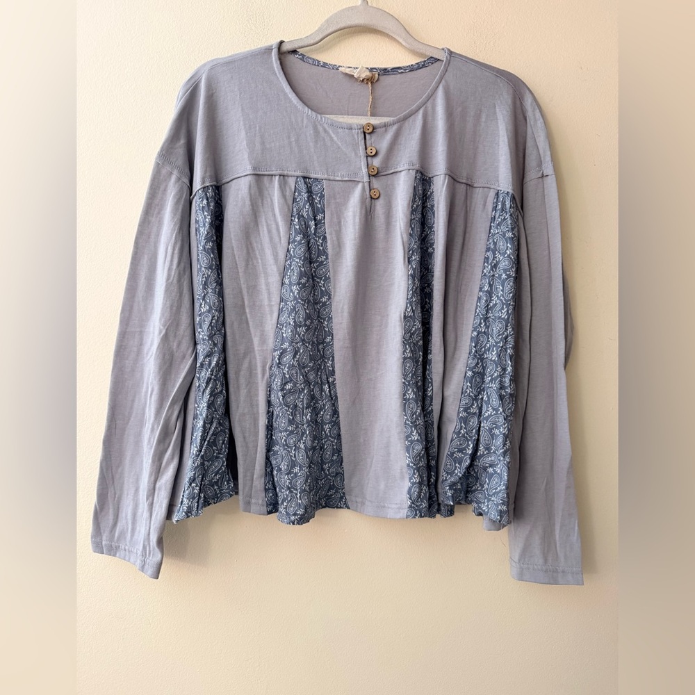 Casual Women's Light Blue Patchwork Long-Sleeve Blouse